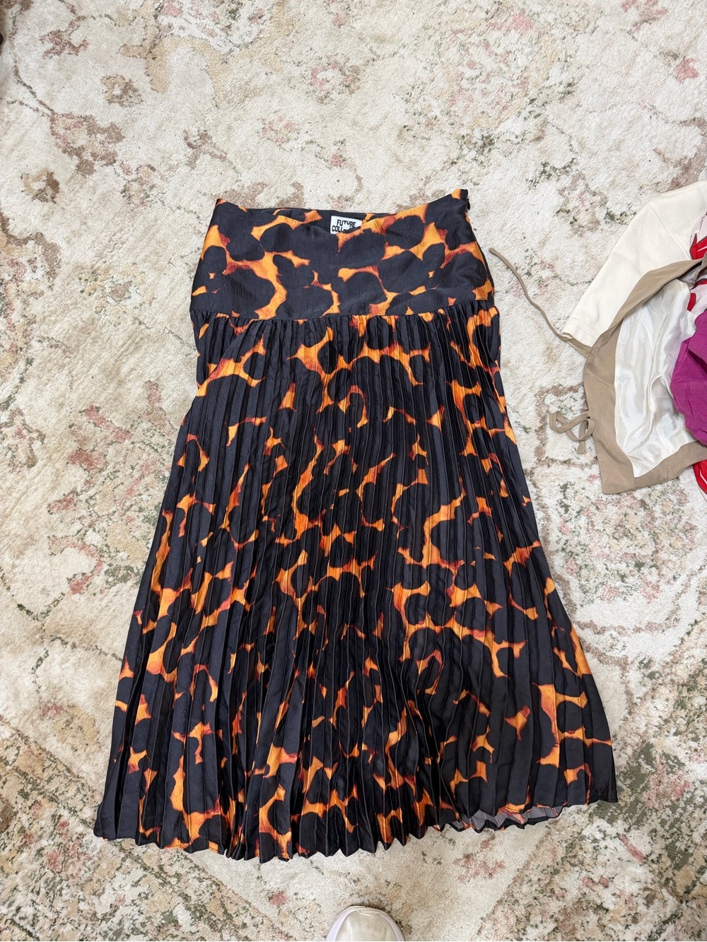 Pleated Orange and Black Animal-Print Midi Skirt by Unknown Brand